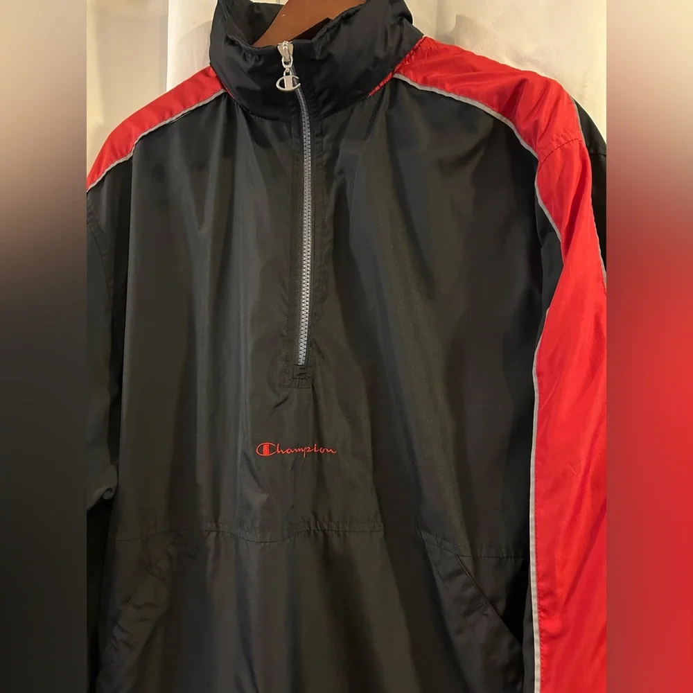 Vtg Rare Champion Windbreaker Quarter Zip Jacket‎ Hooded Reflective Red Black Lg